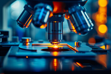 Microscope with metal lens at laboratory. Scientific and healthcare research, examining of test sample in a lab. Medical equipment. Science and technology concept