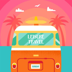 Leisure Travel Sun Van. Vector Illustration of Flat Car for Surf and Leisure.