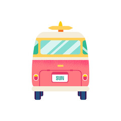 Surf Van Back View Isolated. Vector Illustration of Flat Car for Trip Object over White Background.