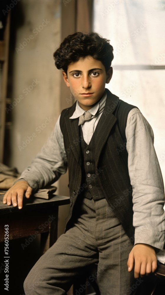 Wall mural A vintage photo of a young boy in a vest and tie sitting at a desk. Generative AI.