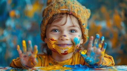 Joyful Child With Painted Hands and Hat