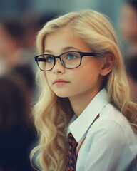 Fototapeta na wymiar A young girl wearing glasses in a classroom. Generative AI.