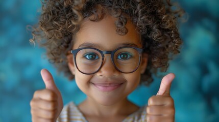 Joyful Child in Glasses Giving Thumbs Up - obrazy, fototapety, plakaty