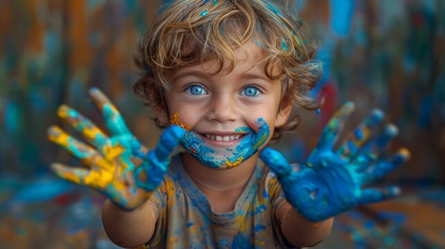 Young Boy With Hands Painted Blue and Yellow
