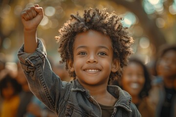 Young Child With Curly Hair Raising Fist