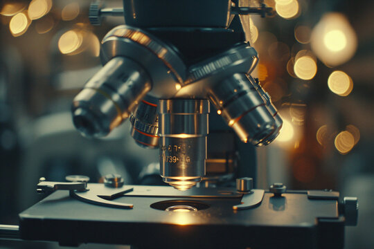 Microscope with metal lens at laboratory. Scientific and healthcare research, examining of test sample in a lab. Medical equipment. Science and technology concept