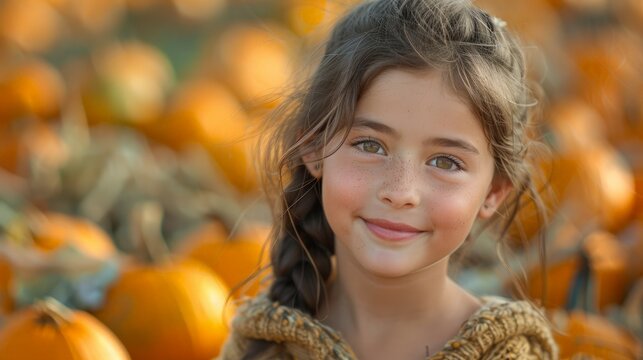 Young Girl Standing in Pumpkin Field