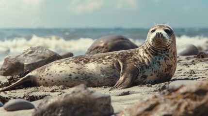Naklejka premium seal sunbathing on the beach generative ai