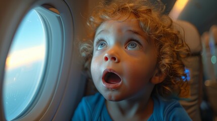 Young Child Gazing Out of Airplane Window - obrazy, fototapety, plakaty
