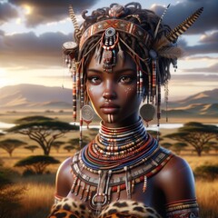 Tribal Woman Amidst the African Savannah at Twilight