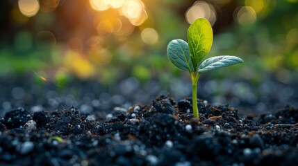 Small Green Plant Sprouting From Ground - obrazy, fototapety, plakaty