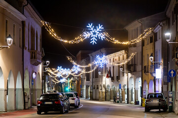 Night view of Christmas lights in Piove di Sacco city centre; Veneto, Italy
