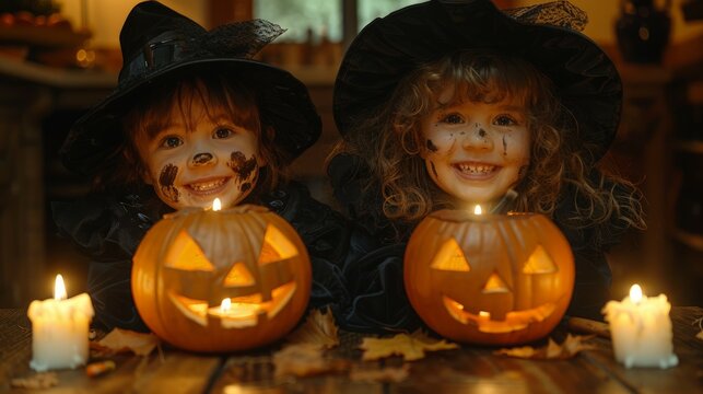 Two Little Girls in Witches Costumes Holding Pumpkins