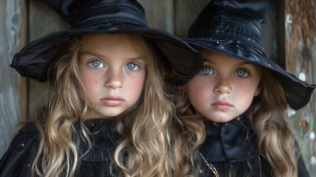 Two Little Girls in Witches Hats