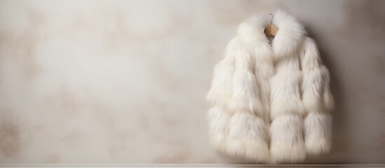 A luxurious white fur coat is gracefully displayed on a hardwood hanger against a woodpaneled wall, showcasing the exquisite ingredient of animal paw fur