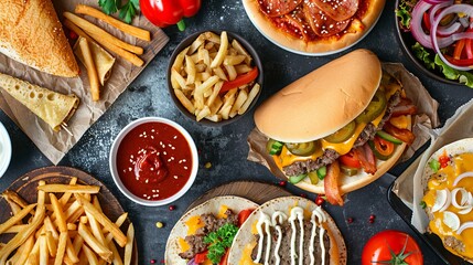 Top view of various fast foods on the table. Unhealthy fast food with sauces on wooden table.  - obrazy, fototapety, plakaty
