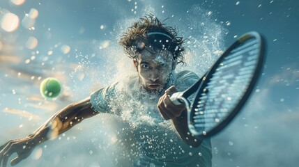 Tennis banner. Advertising Tennis player with racket, Energetic moment of impact on the tennis court. sport competition - obrazy, fototapety, plakaty