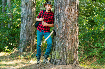 Naklejka na ściany i meble Firewood as a renewable energy source. Lumberjack with axe on forest background. Deforestation is a major cause of land degradation and destabilization of natural ecosystems.