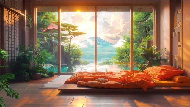 Tranquil VTuber backdrop featuring a serene Japanese room with Mount Fuji view, perfect for streaming. Immerse in zen ambiance with traditional decor.