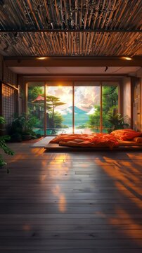 Tranquil VTuber backdrop featuring a serene Japanese room with Mount Fuji view, perfect for streaming. Immerse in zen ambiance with traditional decor.