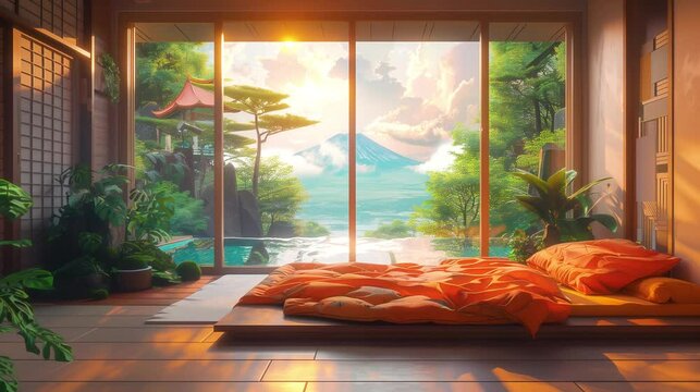 Tranquil VTuber backdrop featuring a serene Japanese room with Mount Fuji view, perfect for streaming. Immerse in zen ambiance with traditional decor.