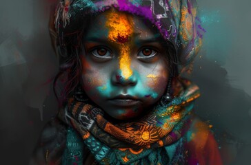 An artistic portrait of a child with vibrant face paint staring intently