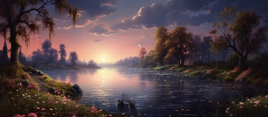 A natural landscape painting featuring a river shimmering under the dusk sky, surrounded by trees, flowers, and cumulus clouds at sunset - obrazy, fototapety, plakaty