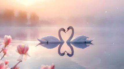  Two white swans. Romantic background. The romance of a white swan with a clear beautiful landscape. Generative AI © Ziyan