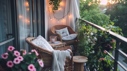 a balcony with a table