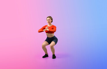 Fototapeta na wymiar Full body length gaiety shot athletic and sporty young woman with fitness in squat exercise posture on isolated background. Healthy active and body care lifestyle.