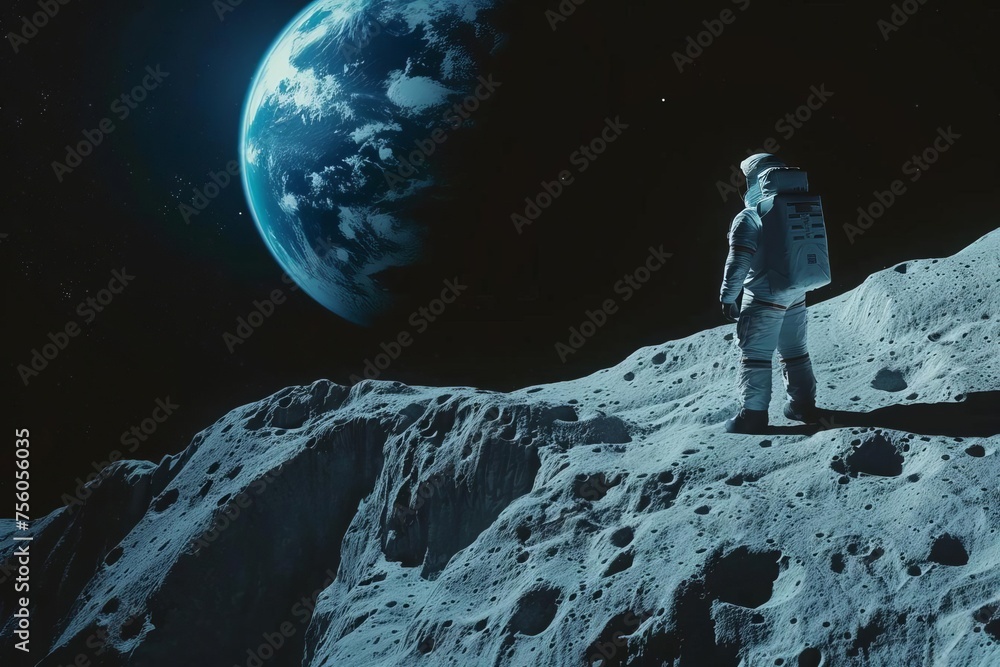 Poster astronaut exploring the lunar surface with earth visible in the background symbolizing space explora