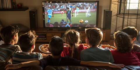 A group of children are watching a soccer game on a television. Image created by AI