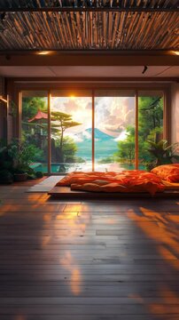 Tranquil VTuber backdrop featuring a serene Japanese room with Mount Fuji view, perfect for streaming. Immerse in zen ambiance with traditional decor.