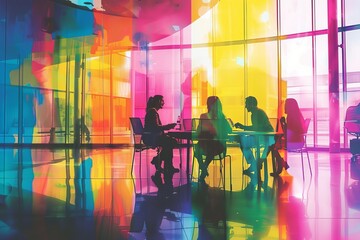 Colorful meeting room with silhouettes of people discussing creative ideas Symbolizing teamwork and collaboration