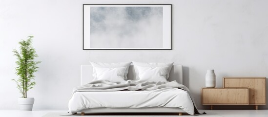 Modern style interior background with mock-up poster frame in light bedroom.