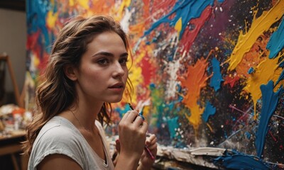 Fototapeta premium Artist's hand painting on canvas, capturing the essence of creativity and art. Creative concept horizontal multicolor image.