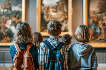 Group of school children looking at the gallery of art. Kids admiring of classical painting in art museum. - obrazy, fototapety, plakaty