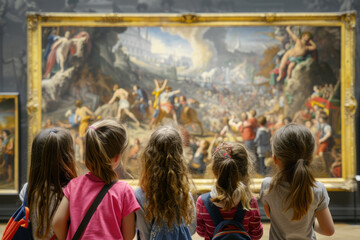 Group of school children looking at the gallery of art. Kids admiring of classical painting in art museum. - obrazy, fototapety, plakaty