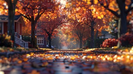 A peaceful suburban road blanketed in autumn leaves, surrounded by trees bursting with fall colors