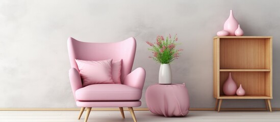 Cozy pink chair beside wooden shelf in a bedroom with glass vases