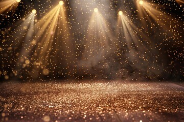 Golden glitter falling on a vibrant stage with spotlights and sparkling background Ideal for festive events Celebrations And glamorous announcements