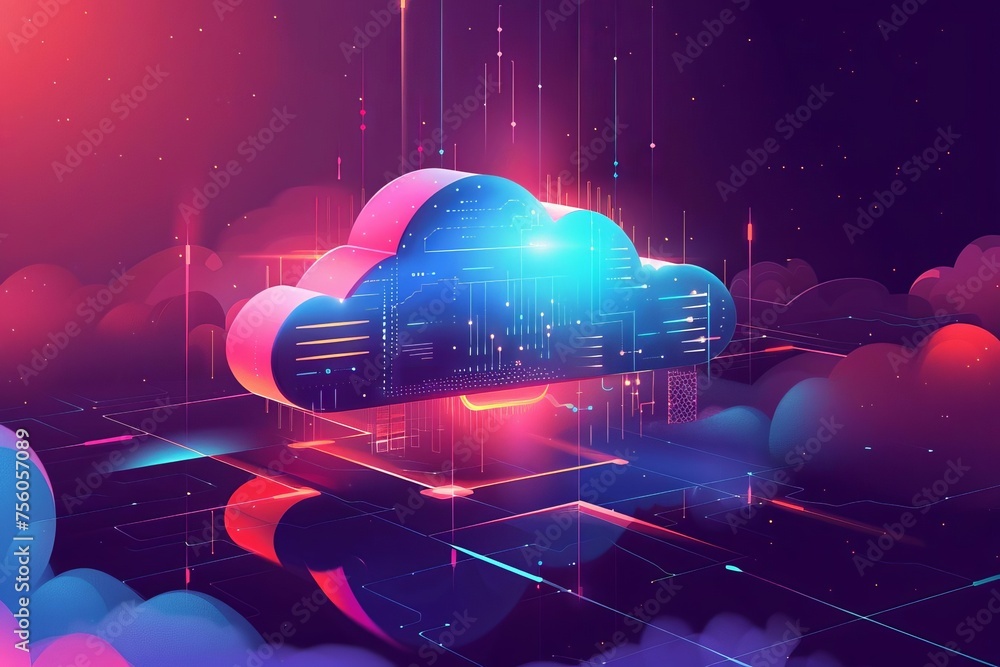 Poster illustration of cloud computing technology depicting data storage and digital connectivity in a slee