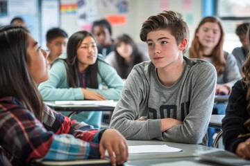 High school classroom scene with engaged students participating in a lively discussion Fostering an environment of learning and curiosity