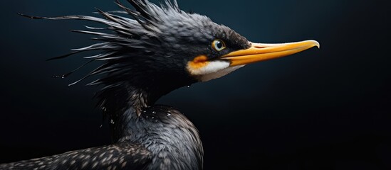 A close up of a perching bird with black feathers, a vibrant yellow beak, and wings extended against a dark background, possibly a seabird or water bird. A beautiful glimpse into wildlife - Powered by Adobe