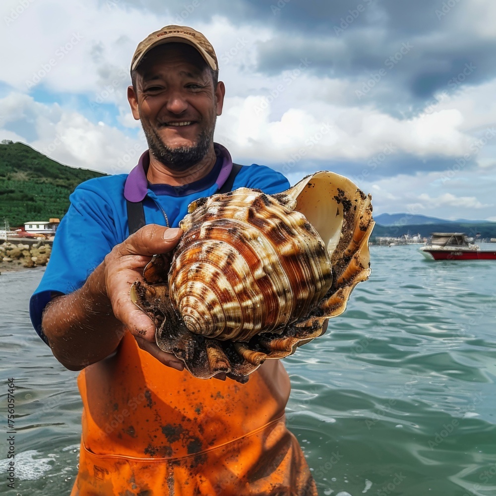 Poster a man holding a large shell in the ocean. generative ai.