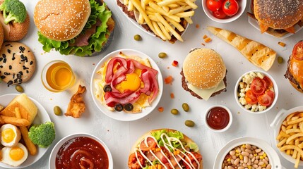 Top view of various fast foods on the table. Unhealthy fast food with sauces on wooden table. Culinary background