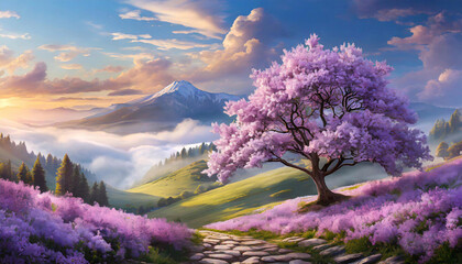 Baśniowy krajobraz górski, samotne kwitnące drzewo