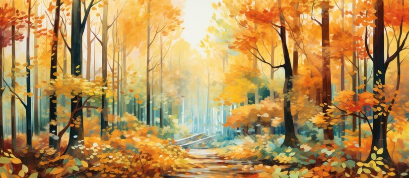 An art painting depicting a natural landscape of a path through a forest in autumn, capturing the vibrant colors of the leaves and the atmospheric phenomena in the air