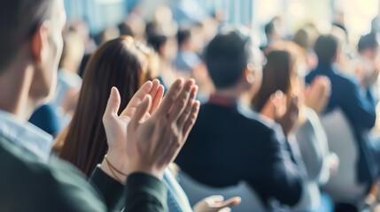 An audience applauding for a speaker at a business and technology conference, the enthusiastic applause, and the conference room's modern design.