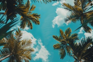 Fototapeta na wymiar Tropical paradise view from below Featuring a vivid blue sky framed by palm trees Evoking a sense of escape and adventure